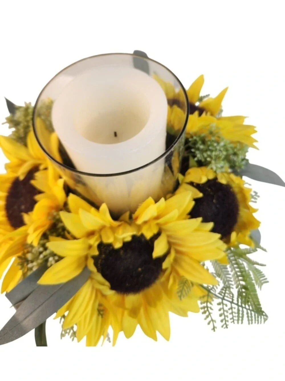 Sunflower Candle Holder Arrangement w/ Glass Hurricane on Distressed Pedestal